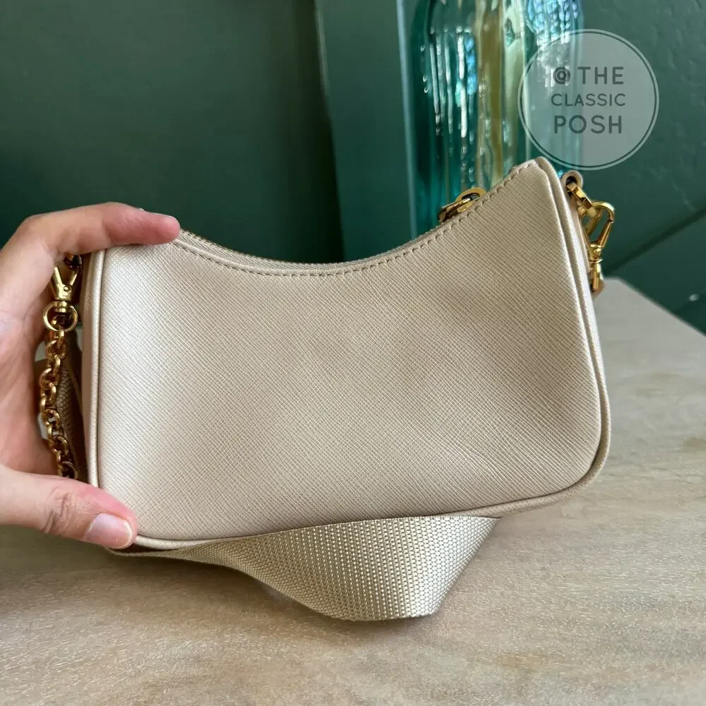 EUC Prada Re-edition Saffiano Mini Beige Crossbody Bag Gold HW